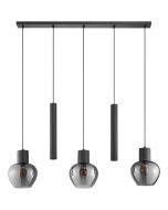 Brilliant Ligari zwarte hanglamp van 123 cm lang met drie bolvormige rookglazen kapen en twee cilindervormige buizen met GU10 spot