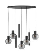 Brilliant Ligari zwarte hanglamp van 126 cm lang met ovale plafondplaat, vijf bolvormige rookglazen kapen en drie cilindervormige buizen met GU10 spot