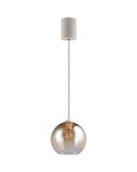 Reality Liora warm grijze hanglamp met katrolsysteem in de plafondkap en amber glazen kap met een diameter van 25cm