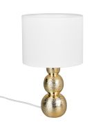 Reality Lova tafellamp van 29 cm hoog met goudkleurige voet bestaande uit drie gestapelde ballen met een kapje van 17 cm in diameter van wit textiel