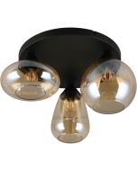 Trio Lumina 617030313 plafondlamp met zwarte plafondplaat en drie verschillend gevormde amber glazen kappen