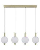 Searchlight Luminique mat messing hanglamp van 81cm in lengte met vier pendels met een kap van bolvormig mat geribbeld glas