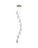Searchlight Luminique mat messing hanglamp van 41cm in diameter met vijf pendels met een kap van bolvormig mat geribbeld glas