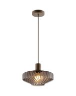 koffiebruine hanglamp met een geribbeld glazen kap met een diameter van 28 cm
