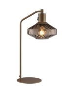 koffiebruine tafellamp van 48,3 cm hoog en geribbeld glazen kap met een diameter van 20 cm en kiepschakelaar op de kop