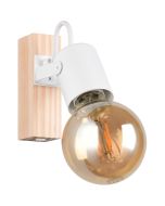 Casalum Lynar spot met houten bevestingsbalkje van 13 cm hoog en wit metalen fittinghouder met goudkleurige globelamp