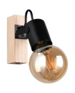 Casalum Lynar spot met houten bevestingsbalkje van 13 cm hoog en zwart metalen fittinghouder met goudkleurige globelamp