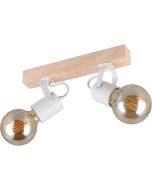 Casalum Lynar plafondspot met houten bevestingsbalk van 31 cm lang en twee wit metalen fittinghouders met goudkleurige globelamp