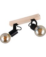 Casalum Lynar plafondspot met houten bevestingsbalk van 31 cm lang en twee zwart metalen fittinghouders met goudkleurige globelamp