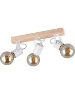 Casalum Lynar plafondspot met houten bevestingsbalk van 42 cm lang en drie wit metalen fittinghouders met goudkleurige globelamp