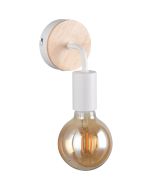 Casalum merida witte wandlamp van 15,5 cm hoog met houten plaatje over het wandplaatje en vrij hangende globelamp