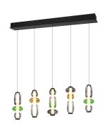 Trio Minerva hanglamp met zwarte plafondbalk en vijf pendels met drie ovale glazen in groen, amber en rookglas boven elkaar met een LED buis in het midden