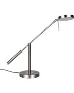 Trio Monza staalkleurige bureaulamp met een diepte van 69 cm en een ronde schijfvormige kop met geïntegreerde LED