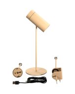 Konstsmide Multi zandkleurige spot met tafellamp voet van 30 cm, tafelklem en wandhouder waarvan de spot oplaadbaar is met de USB kabel