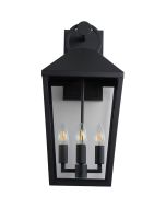 zwarte buitenwandlamp van 55 cm hoog met hangende lantaarn met vier transparant glazen ruitjes en drie fittingen met filament kaarslampjes