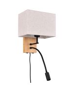 Trio Nilam 212870236 landelijke wandlamp met houten wandplaat, rechthoekige creme kap en zwarte leeslamp
