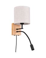 Trio Nilam 212879236 landelijke wandlamp met houten wandplaat, cilindervormige creme kap en zwarte leeslamp