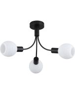 Searchlight Nova 54713-3BK zwarte plafondlamp met drie armen met elk een opaal wit glazen bolletje met strepen
