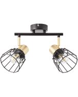 Brilliant Posca 86913/78 messing dubbele plafondspot met zwarte buis en zwarte rekjes als kapjes