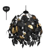 Trio Leavy hanglamp van 38cm in diameter met zwarte plafondkap en pendel met kap van zwart met goudkleurige kunststof bladeren