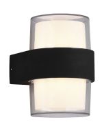 Trio Molina wandlamp voor buiten van 13,2 cm hoog met een cilindervormige transparante buitenkap en witte binnenkap naar boven en beneden met geintegreerde LED