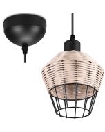 Trio Borka hanglamp met een diameter van 17,5 cm van zwart metaaldraad met rotan vlechtwerk