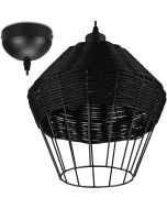 Trio Borka hanglamp met een diameter van 30 cm van zwart metaaldraad met zwart rotan vlechtwerk