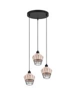 Trio Borka hanglamp met een diameter van 41 cm met drie pendels met kapjes van zwart metaaldraad met rotan vlechtwerk