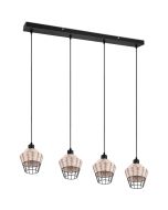 Trio Borka hanglamp met een lengte van 95 cm met vier pendels met kapjes van zwart metaaldraad met rotan vlechtwerk