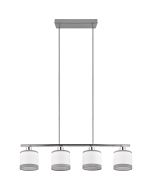 Trio Davos chromen hanglamp van 75 cm lang met vier witte kapjes van textiel