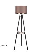 Trio Colette tripod van 152.5 cm hoog met tafeltje tussen de poten en taupe kleurige kap van textiel met een diameter van 40 cm