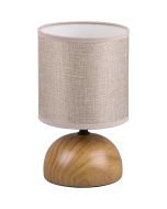 Trio Luci R50351035 tafellampje met houtkleurige bolvormige lampvoet van keramiek en beige cilindervormig kapje van textiel