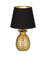 Reality Pineapple R50421079 tafellamp met een goudkleurige voet in ananas vorm en zwarte kap van textiel met goudkleurige binnenzijde
