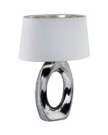 Trio Taba R50521089 52cm hoge tafellamp met zilverkleurige cirkelvormige voet en ovale lampenkap van wit textiel en zilverkleurige binnenzijde