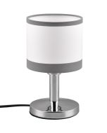 Trio Davos R59551006 chromen tafellamp met wit kapje met twee grijze banden van textiel