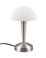 Trio Canaria R59561107 staal kleurig tafellampje met half ronde kap van geveegd wit glas