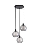 Searchlight Radiance 44520-3SM hanglamp met zwarte ronde plafondplaat en drie zwarte pendels met gedraaid geribbelde rookglazen kap