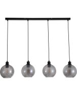 Searchlight Radiance 44520-4SM hanglamp met zwarte langwerpige plafondbalk en vier zwarte pendels met gedraaid geribbelde rookglazen kap