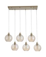 Searchlight Radiance 44520-6CP hanglamp met goudkleurige langwerpige brede plafondbalk en zes goudkleurige pendels met gedraaid geribbelde champagnekleurig glazen kap
