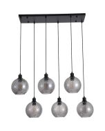 Searchlight Radiance 44520-6SM hanglamp met zwarte langwerpige brede plafondbalk en zes zwarte pendels met gedraaid geribbelde rookglazen kap