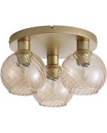 Searchlight Radiance 44521CP plafondlamp met goudkleurige ronde plafondplaat en drie goudkleurige gedraaid geribbelde champagnekleurig glazen kapjes