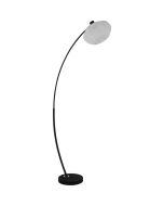 Searchlight Radiant EU52853BK zwarte vloerlamp van 156cm hoog met gebogen arm en wit ovalen kap van zachte stof