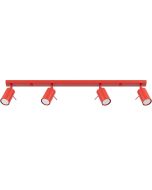 rood metalen plafondspot met rechthoekige plafondbalk van 80cm met vier spots met staafje op het spotje te richten