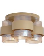zandkleurige plafondlamp van 42 cm in diameter met drie geribbeld glazen kappen met een messing band