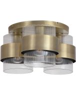 antiek messing plafondlamp van 42 cm in diameter met drie geribbeld glazen kappen met een messing band