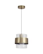 messing kleurige hanglamp van 18 cm in diameter met een geribbeld glazen kap en een messing band eromheen