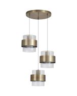 messing kleurige hanglamp met een diameter van 42 cm en drie pendels met elk een geribbeld glazen kap en een messing band eromheen