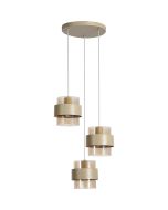 Searchlight Royal hanglamp van 42cm in diameter met zandkleurige ronde plafondplaat en drie pendels zandkleurige metalen band om een cilindervormig amberkleurig ribbelglazen kap