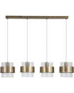 messing kleurige hanglamp met een lengte van 93 cm en vier pendels met elk een geribbeld glazen kap en een messing band eromheen