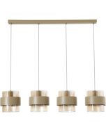 Searchlight Royal hanglamp met zandkleurige plafondplaat en zandkleurige metalen band om een cilindervormig amberkleurig ribbelglazen kap